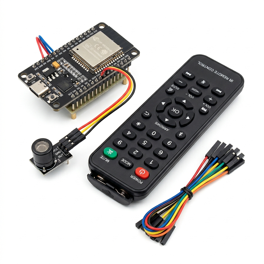 Компоненты для урока по ИК-приёмнику: ESP32, VS1838B, пульт ДУ, провода